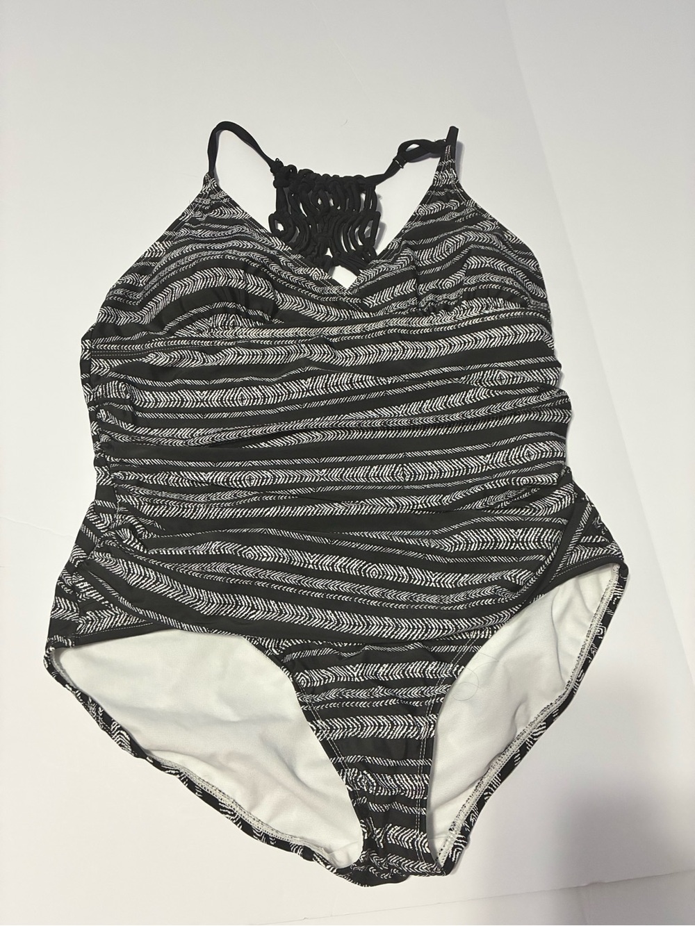 Tahiti Black & White Print One-Piece Swimsuit — Strappy Macramé Back — Size L